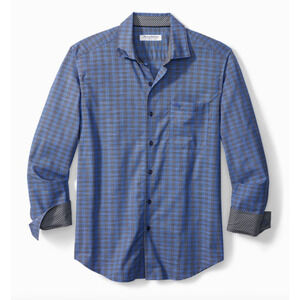 Tommy Bahama Newport Coast Mens Button Down Shirt M Blue Brown Plaid Long Sleeve